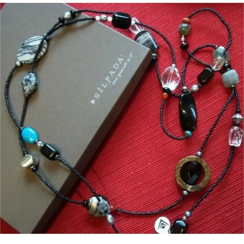 SILPADA NECKLACE SS Hematite Turquoise Pearl Obsidian Bronzite Boho N1967‎